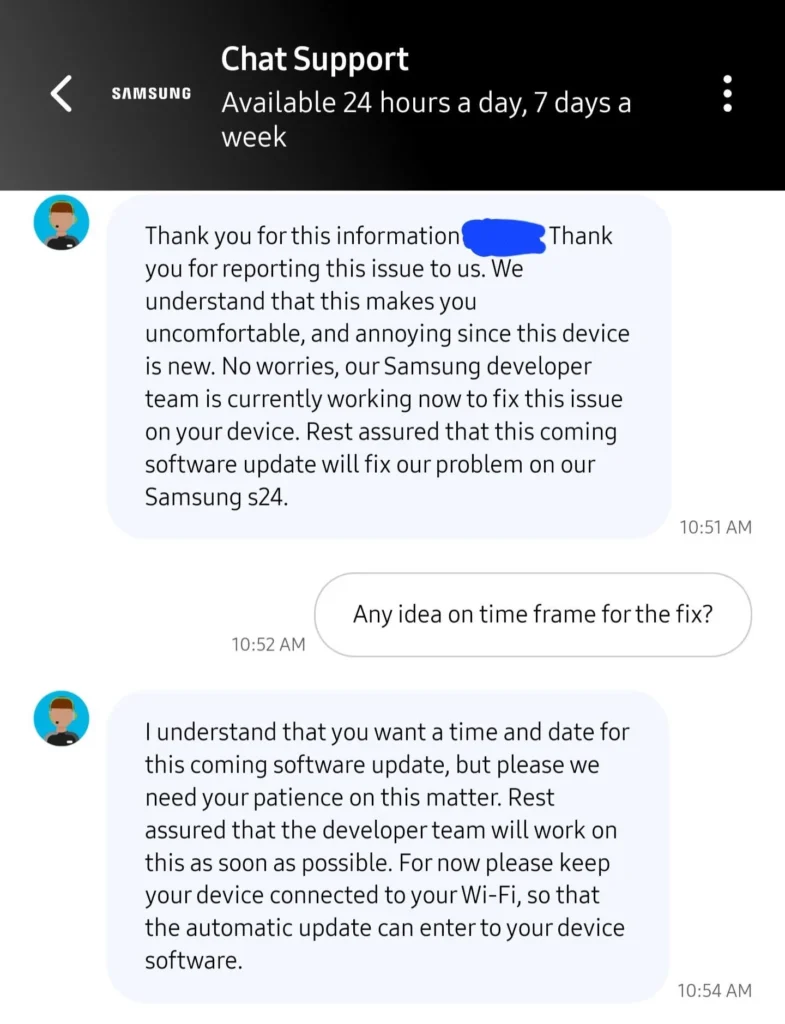 Samsung Soon to Fix Galaxy S24 Dull Display Issue 2 Samsung Chat Support with Galaxy S24 user