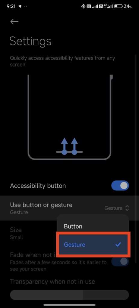 Set Accessibility Gesture for Extra Dim