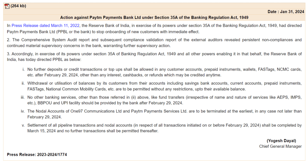 Paytm Payments Bank Ignores Banking Policies- Restricted By RBI 3 RBI Takes Strict Actions Against Paytm Payments Bank 31 Jan 2024