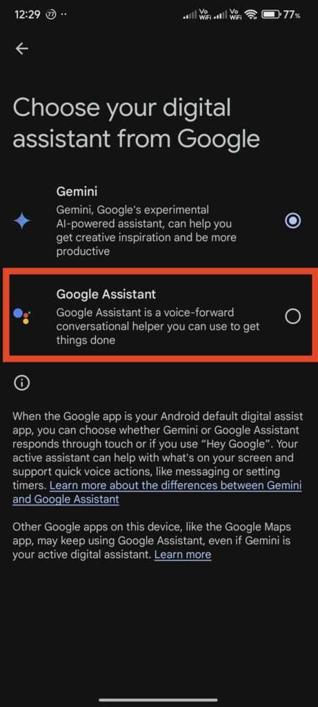 select Google Assistant as default assistant