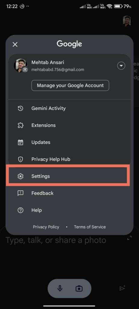 tap Settings - Gemini app