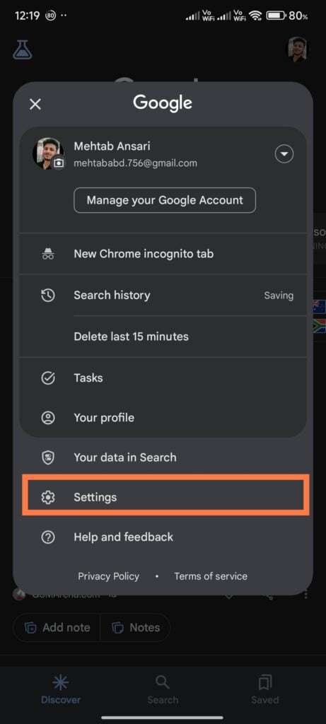 tap settings - Google app