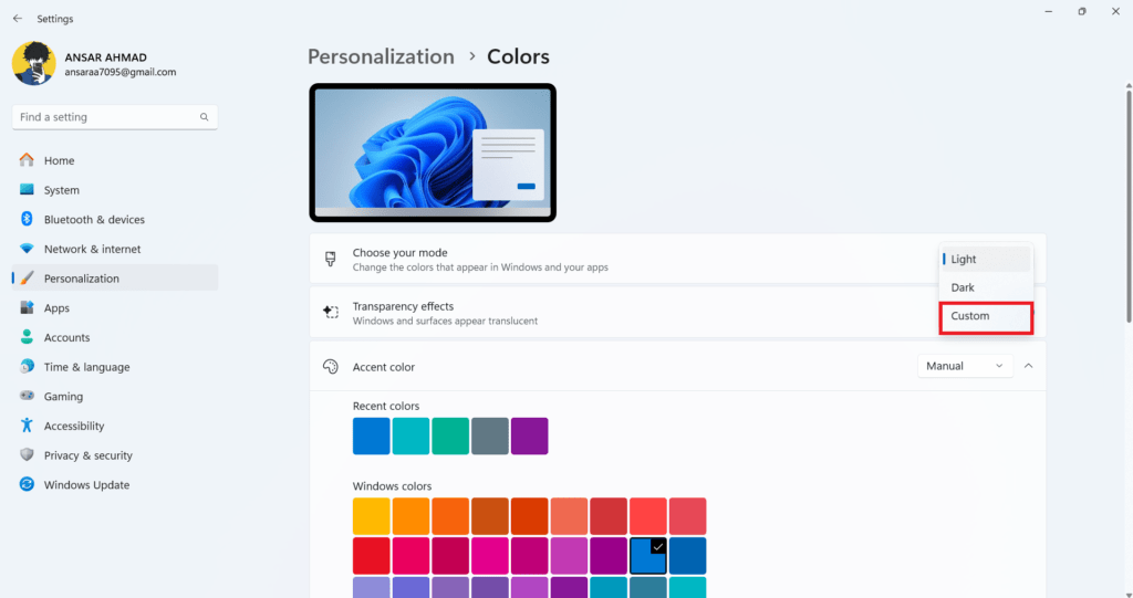 Colors-Section Select Custom option