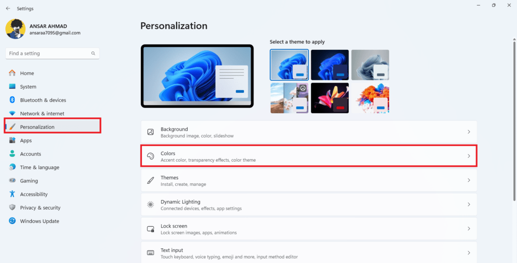 Personalization Choose Colors from Personalization Tab