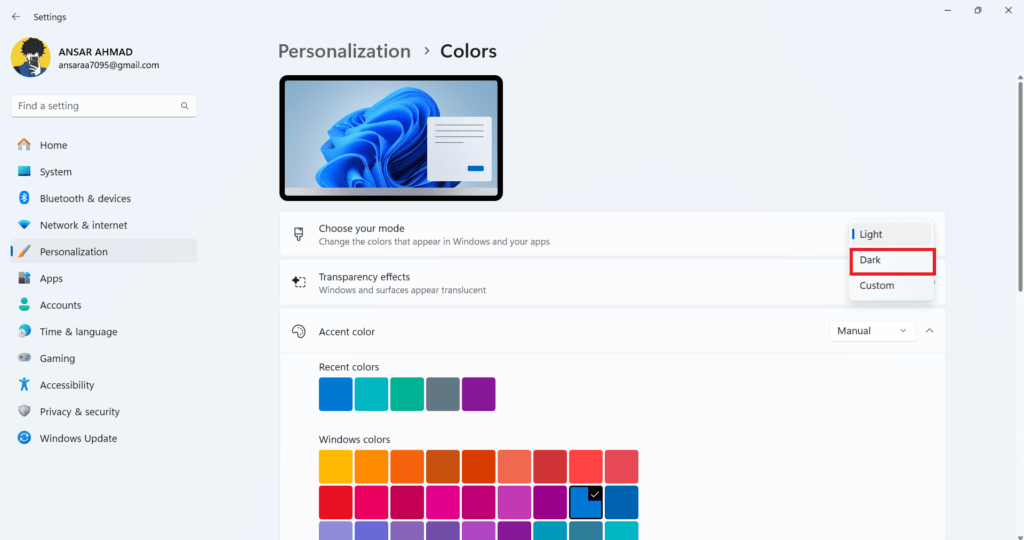 Personalization-Colors Choose Dark from the Menu