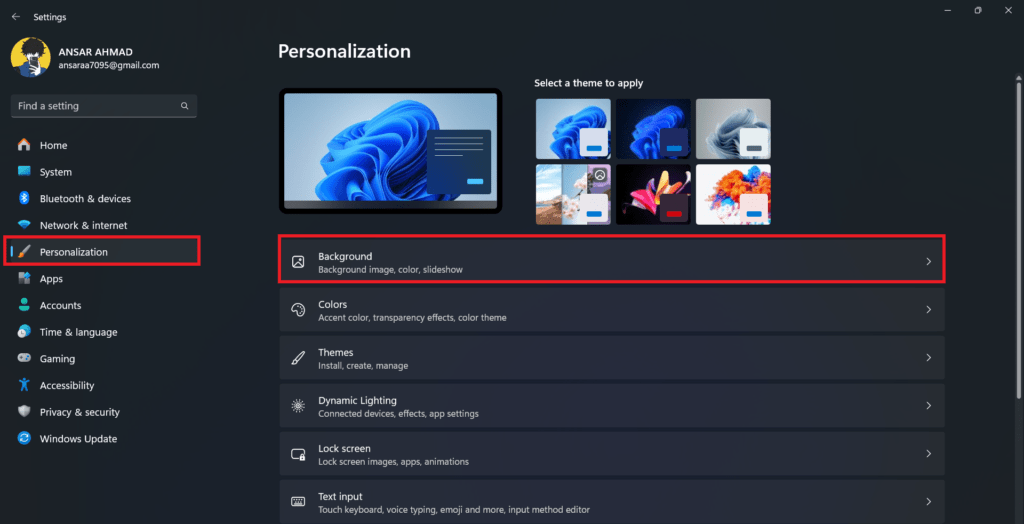 Personalization-Tab Click on Background Option