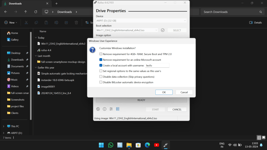Rufus Media Creation tool options while making a Windows bootable pen drive.