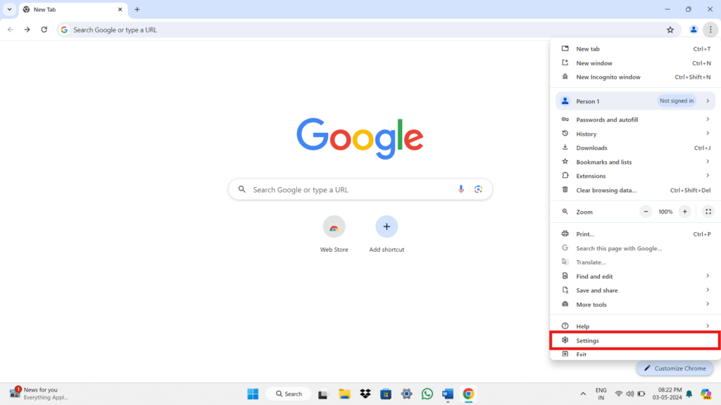 Settings option in Google Chrome Google Chrome