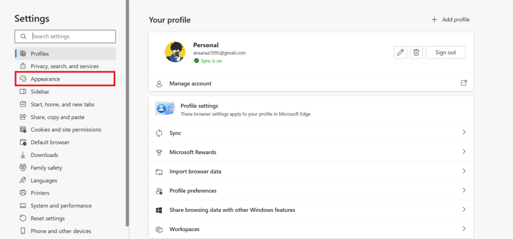 Windows-Settings Click on Appearance