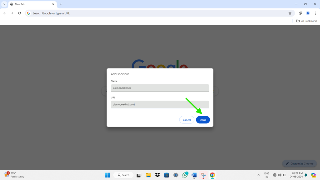 done add shortcut google chrome
