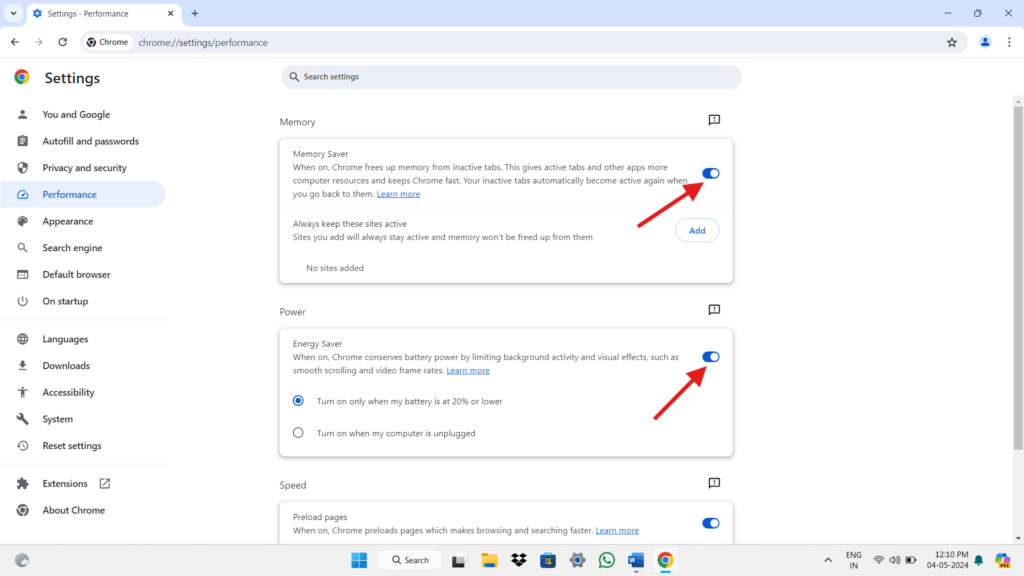 edited screenshot of performance mode google chrome