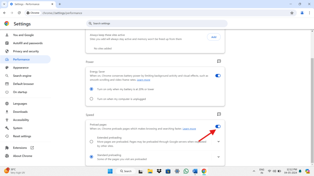edited screenshot of preload pages google chrome