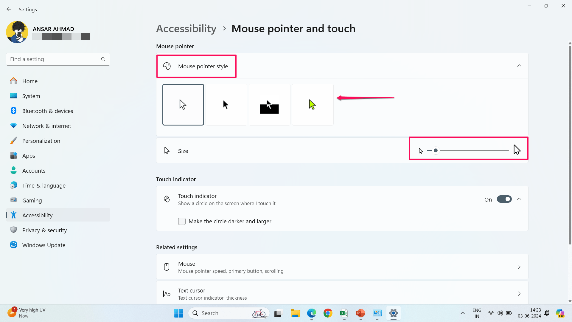 Change the mouse cursor size and color