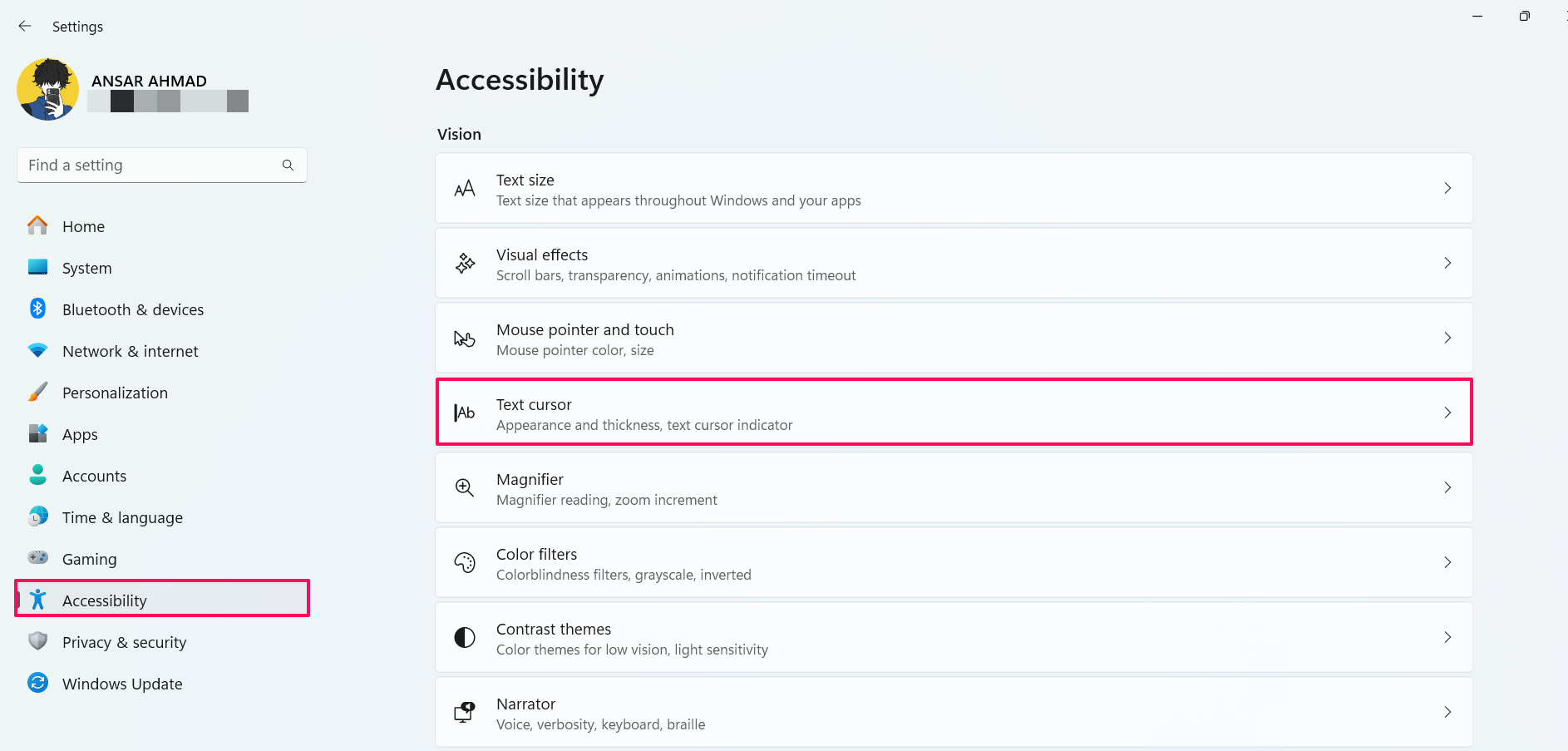 Click on Accessibility and choose Text Cursor