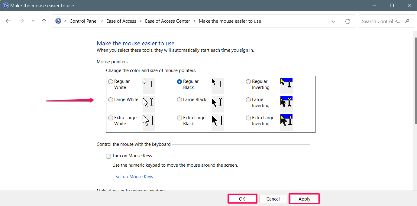 Choose the mouse cursor and click Apply button