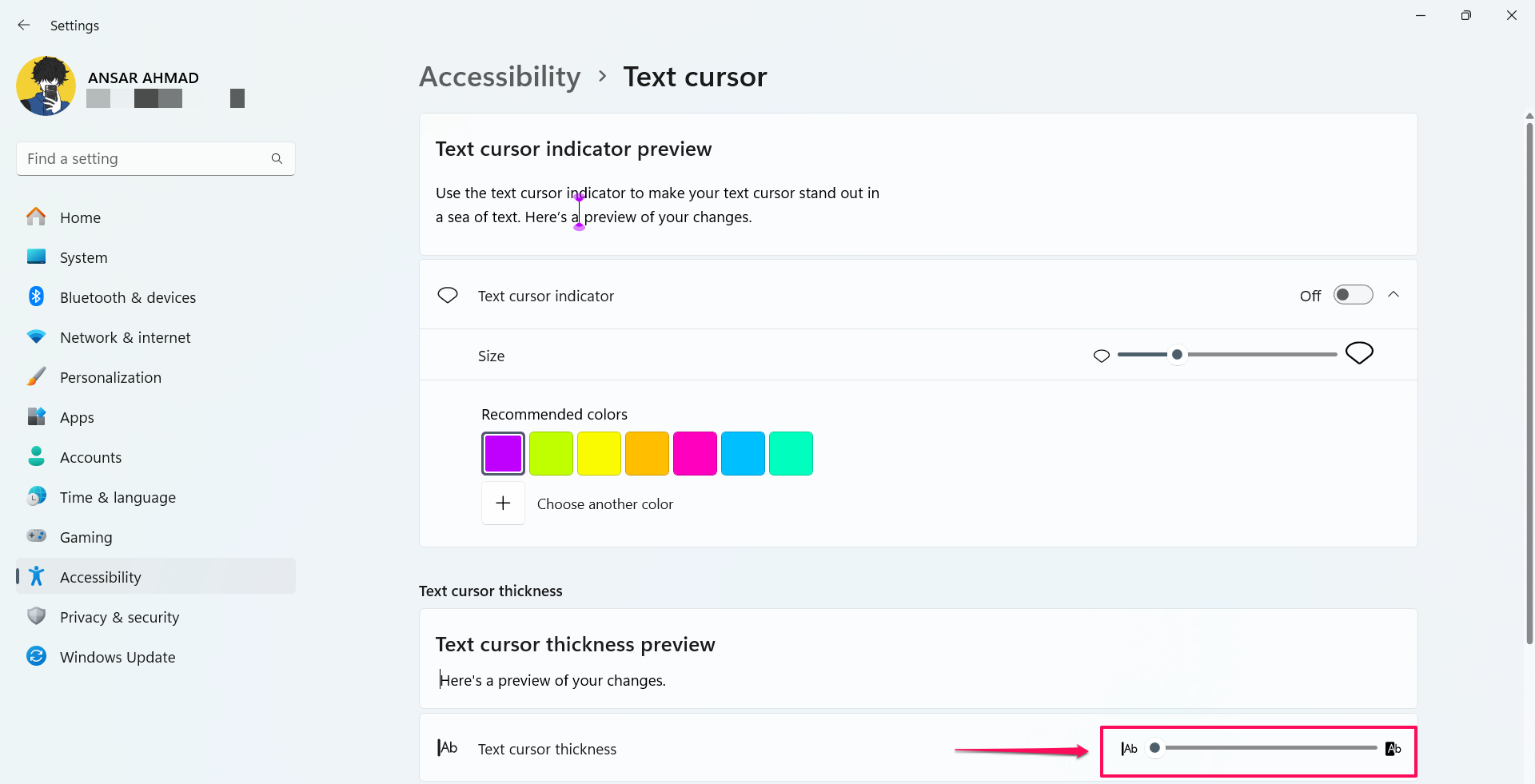 Drag the slider to change the Text cursor thickness 