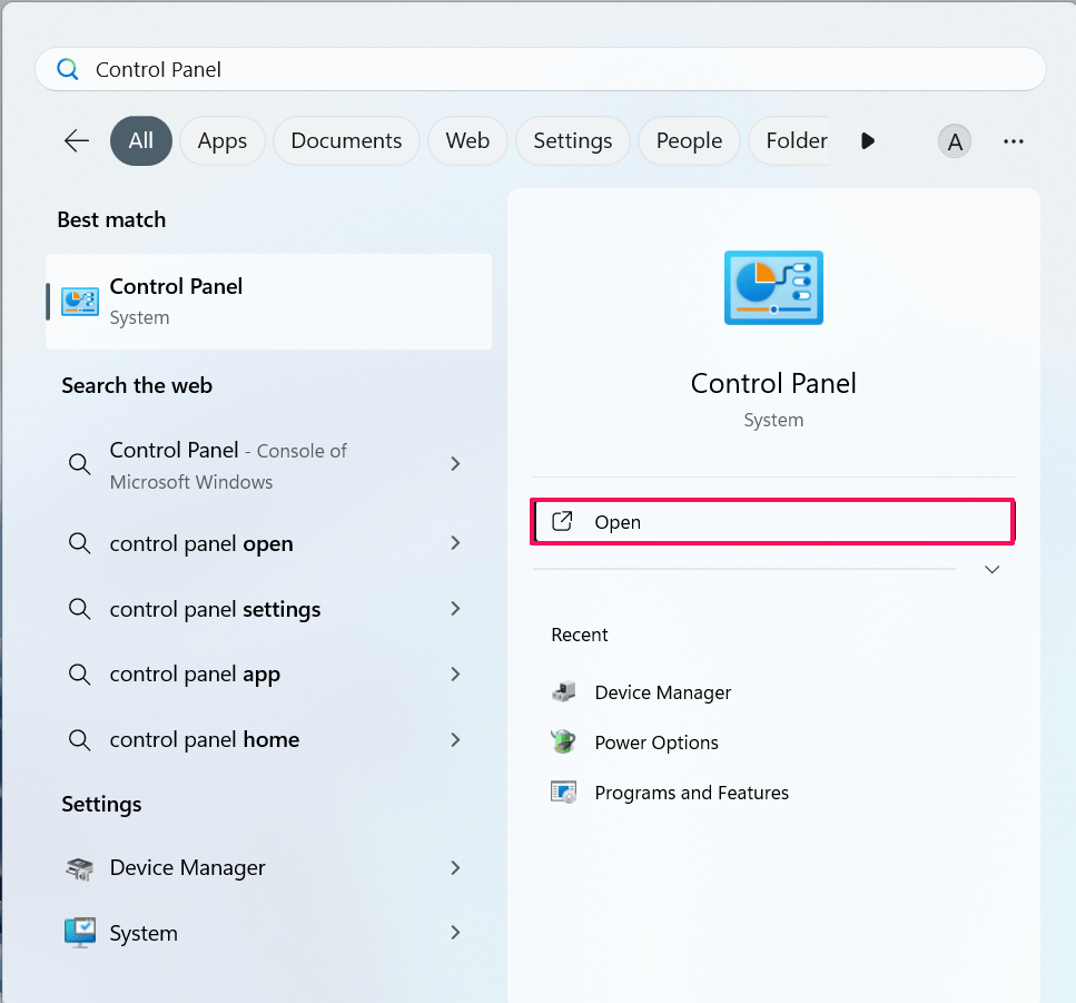 Search for Control Panel and click Open