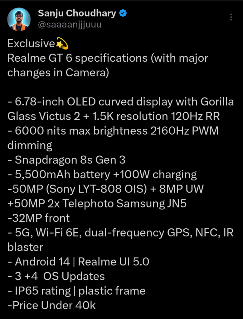 Sanju Chaudhary mentioning the specs of the Realme GT 6.