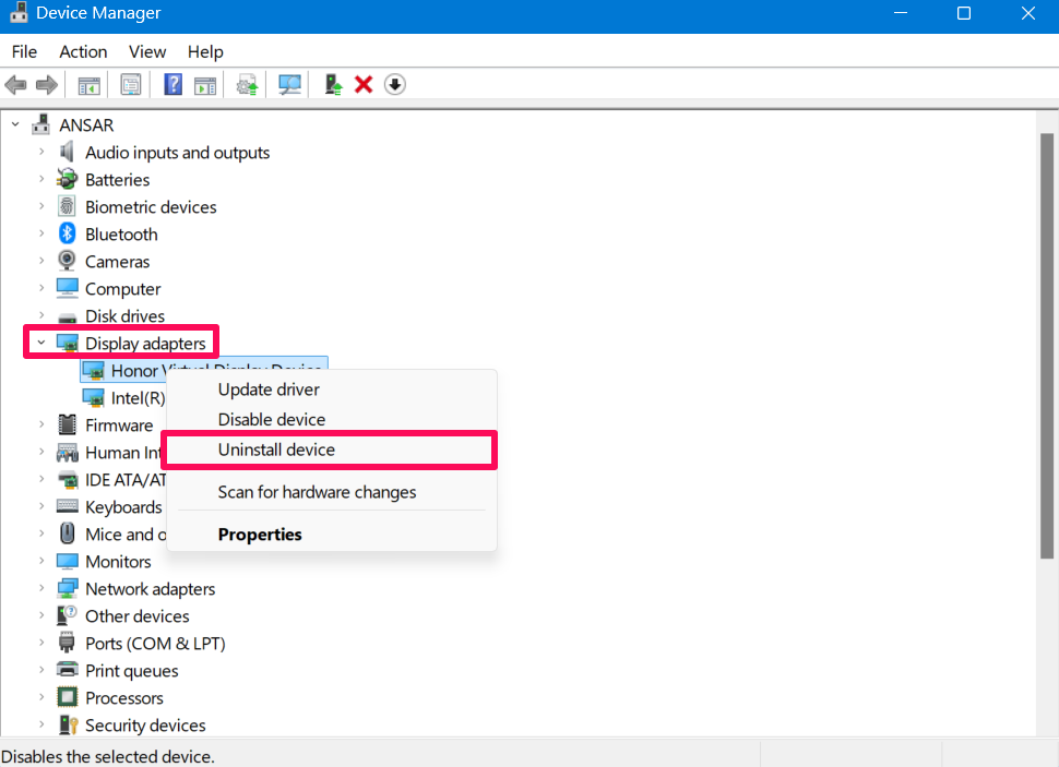 Expand the Display adapter and choose Uninstall device