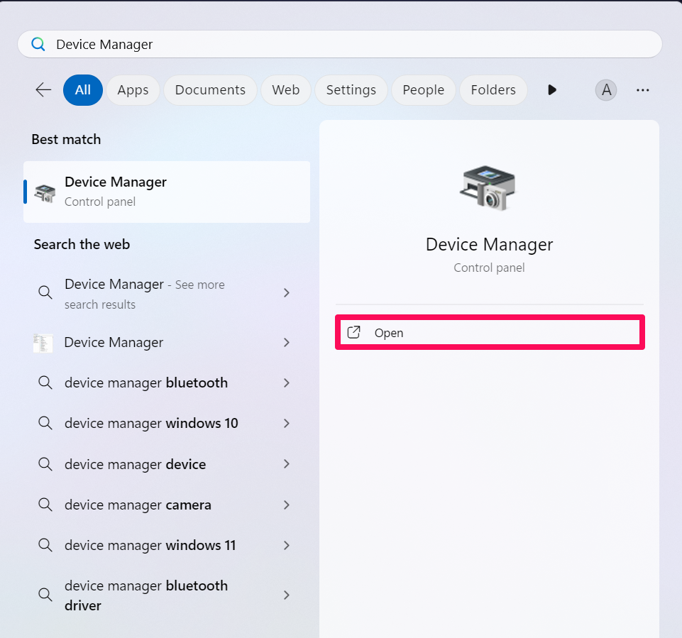 Search for Device Manager and click Open