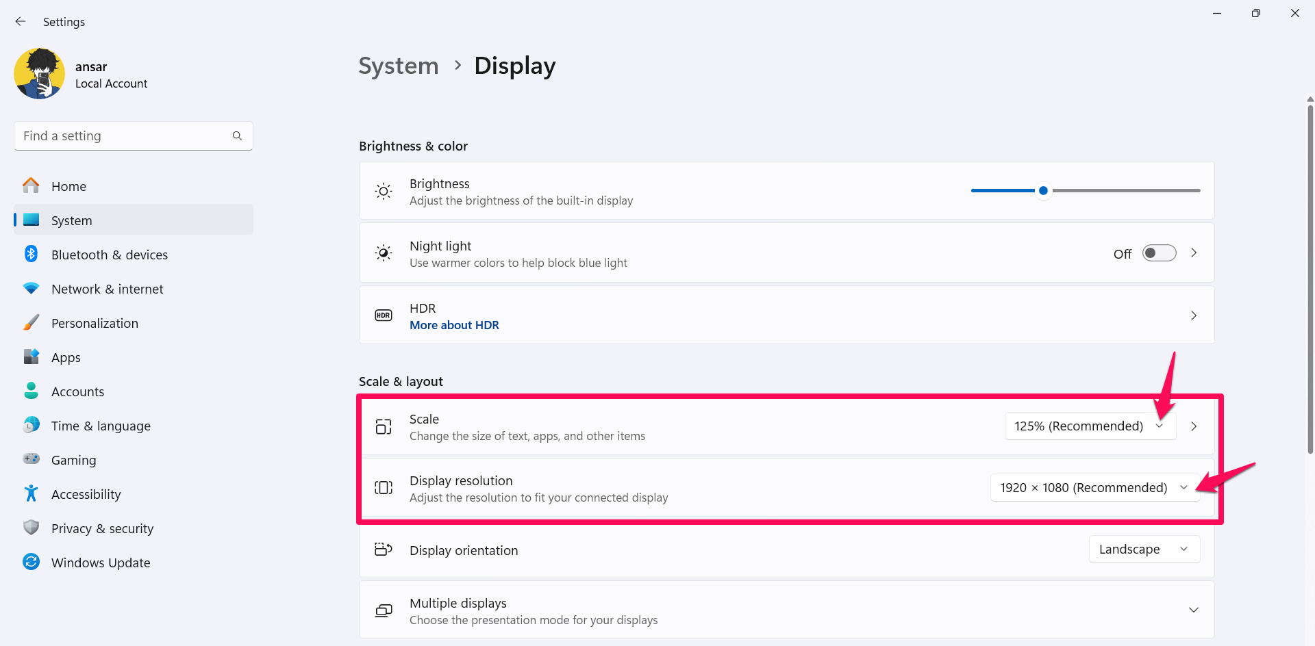 Select the scale and Display resolution values
