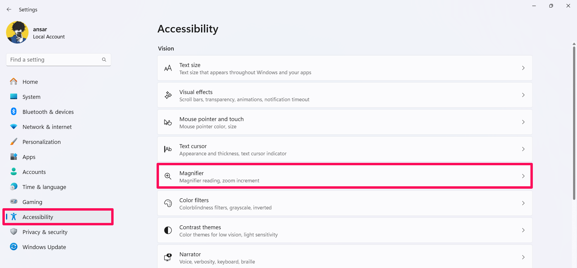 Click on Accessibility and choose Magnifier