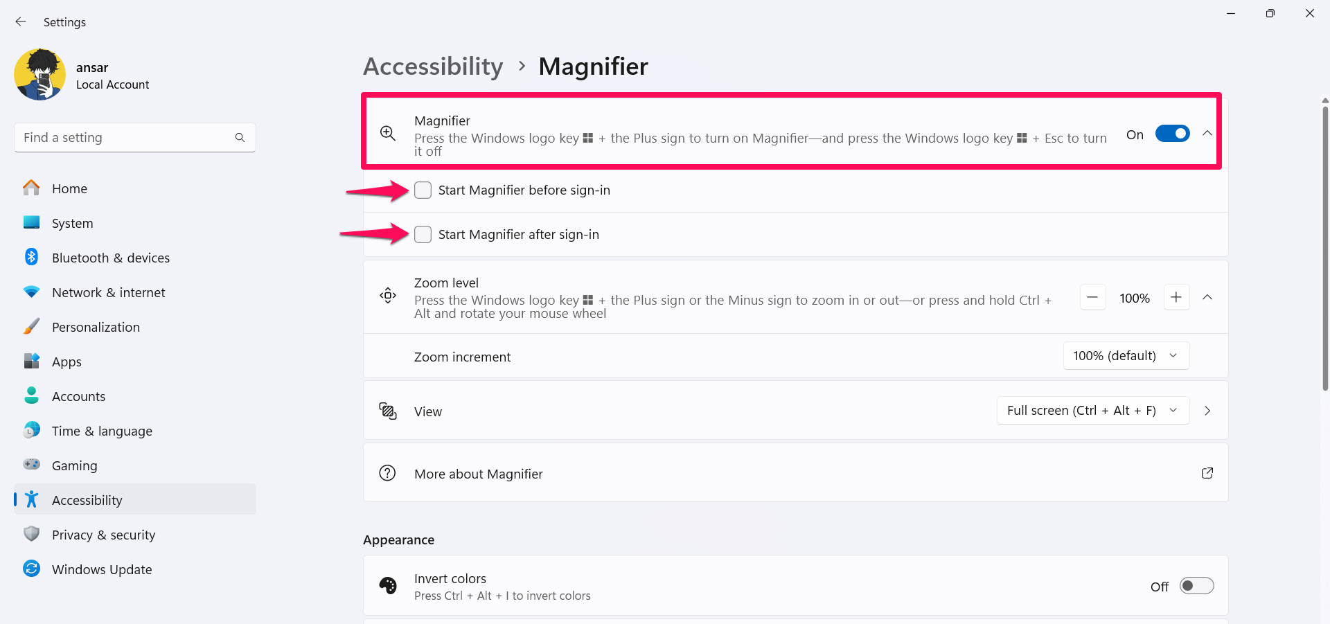 Enable Magnifier option and clear Start magnifier before sign-in option