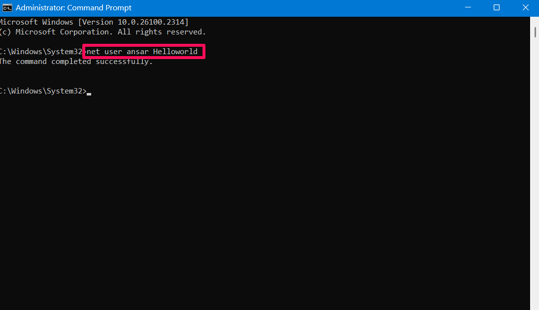 Enter the account name and new password in prompt